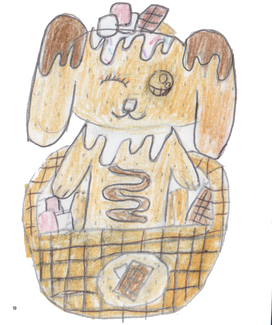 Hand-drawn Flopsy, a floppy-eared bunny with chocolate drizzle, sitting in a basket